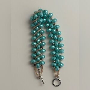 Handmade Turquoise & Gold Beaded Statement Bracelet Silver Tone Toggle Closure.